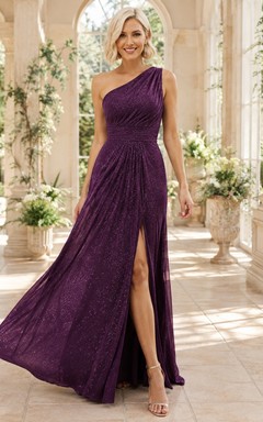 Plum Evening Dress A-Line Chiffon One-Shoulder Ruched Slit Romantic Formal Gown