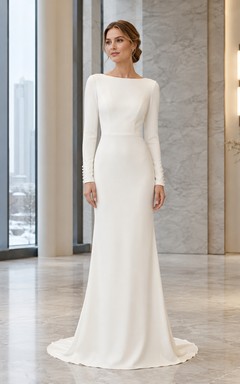 Winter Minimalist Bateau Long Sleeve Crepe Sheath Wedding Dress