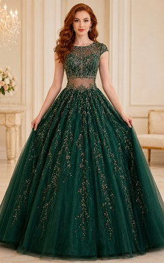 Dunkelgrünes, goldenes Luxus-Ballkleid für süße Sechzehnjährige, zweiteilig, mit Perlen besetzt und mit kurzen Ärmeln