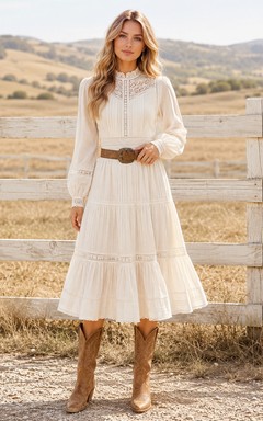 Ivory High Neck Poet Sleeve Tiered Country Lace Dress Bohemian