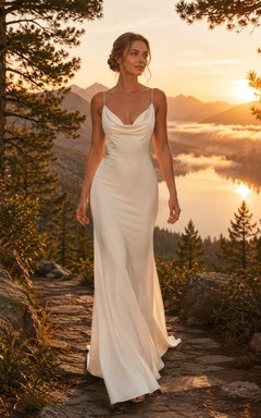 Open Back Cowl Neck Satin Mountain Lake Elopement Gown
