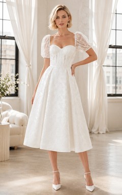 Romantic Puff Sleeve Taffeta A Line Tea Length Bridal Reception Wedding Dress