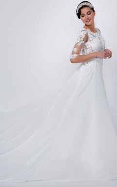 A-Linien-Brautkleid aus Spitze und Chiffon mit Applikationen, Rundhalsausschnitt, bodenlangen Ärmeln und halben Ärmeln