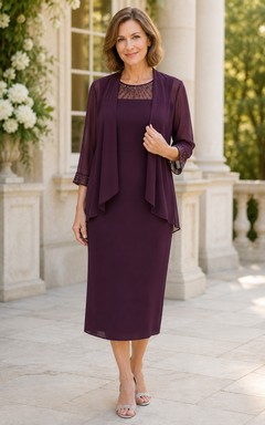 Plum Tea-Length Sheath Mother Dress with Chiffon Jacket