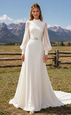 Vestido de novia de corte A estilo capilla, de estilo rústico occidental, con cuello alto, mangas largas, de satén y cinturón.