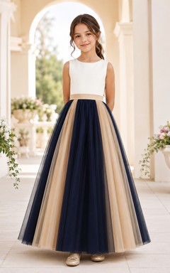 Dark Navy Color Block A-Line Tulle Flower Girl Dress, Sleeveless Jewel Neck, Pleated Floor-Length Formal Ceremony