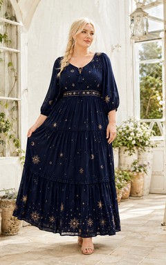 Dark Navy V-Neck Long-Sleeve Lace-Chiffon Tiered A-Line Floor-Length Boho Dress