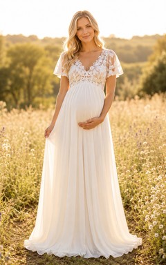 Robe de mariée de maternité à col en V et manches courtes en dentelle, style champêtre