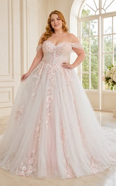 Rosafarbenes, schulterfreies Spitzenballkleid in Übergröße mit Schleppe – Hochzeitskleid