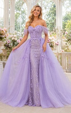 Lavendelfarbenes schulterfreies Ballkleid aus Tüll mit herzförmigem Ausschnitt und Applikationen, High-Low-Stil, Quinceañera-Kleid