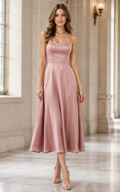 City Hall Cocktail Dusty Rose Simple Elegant A-Line Satin Bridesmaid Dress with Spaghetti Straps Square Neck Sleeveless Tea-Length Strap Back Zipper Back