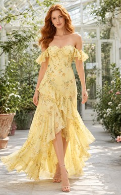 Yellow Floral Off Shoulder High Low Ruffle Dress