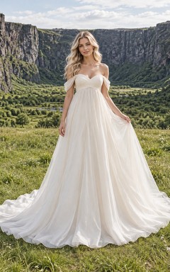 Schlichtes Empire-Brautkleid aus Organza mit schulterfreiem Ausschnitt, Herzausschnitt und kurzer Schleppe