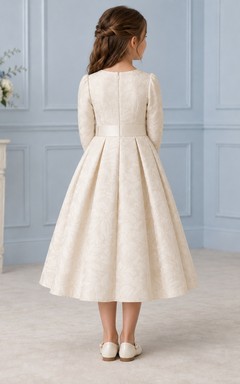 Modest Long Sleeve Cream Tea-length Folded Tab Banded Jacquard Pleated Flower Girl Dress