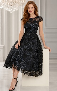 Robe de mère noire modeste vintage à manches courtes en dentelle bateau et manches courtes, longueur thé