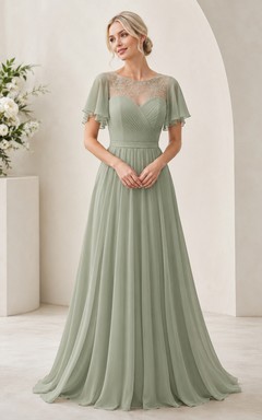 Robe de mariée trapèze en mousseline de soie à manches papillon et dentelle bateau illusion sauge