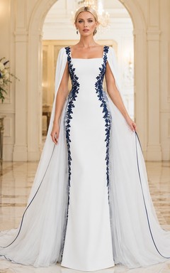 Marineblaues Cape-Etui-Brautkleid mit eckigem Ausschnitt, ärmellos, aus Satin und Spitze, modernes Braut