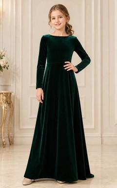 Dark Green Velvet Long Sleeve A Line Flowergirl Formal Dress