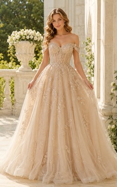 Champagne Illusion Short Sleeve Beading Tulle Ball Gown Floor-length Romantic Luxury Dress