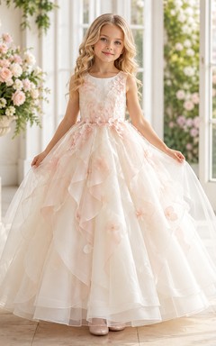 Luxury Floor-Length Ball Gown Flower Girl Tulle Petal Ruffle Garden Dress with Jewel Neck