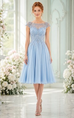 Himmelblaues, schulterfreies Chiffon-Kleid mit A-Linien-Schnitt, Teelänge und Spitzenoberteil mit Rundhalsausschnitt.