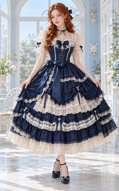 Lolita Dark Navy Cream Lace Bow Tiered Tea-Length Prom Dress