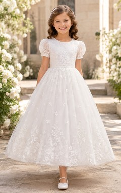Teelanges Kommunionskleid aus Spitze und Tüll mit Puffärmeln, Blumenmädchenkleid für die Zeremonie