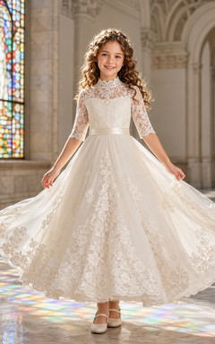 Robe de bal de communion mi-longue à col montant et manches trois-quarts en dentelle