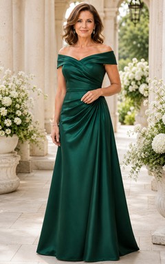 Dunkelgrünes schulterfreies A-Linien-Kleid aus Satin für Mütter