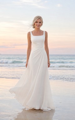 Simple Square Neck Sleeveless Beach A-Line Wedding Dress