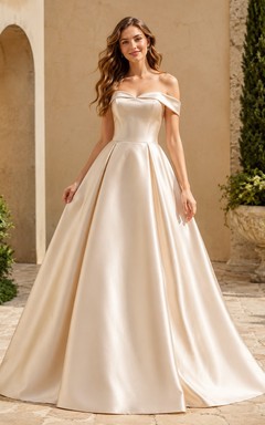 Champagne Satin Off Shoulder Short Sleeve Ball Gown Dress