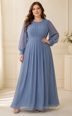 Slate Blue Plus Size Modest Scoop Neck Long Sleeve Chiffon A-Line Dress