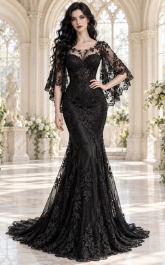 Robe sirène en dentelle noire gothique à encolure illusion et manches papillon