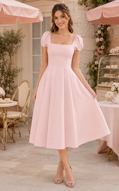 Light pink square neck puff sleeve tea length A-line dress