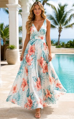 White Tropical Floral V Neck Maxi Resort Lookbook Dress