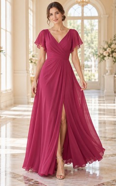 Vestido largo de dama de honor sencillo, color frambuesa, corte en A, escote en V, gasa, mangas con volantes y abertura cruzada.