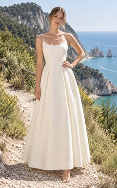 Vestido de novia sencillo de popelina de algodón, sin mangas, con escote redondo y corte en A, largo hasta los tobillos.