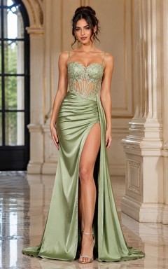 Satin Prom Dress in Sage, Spaghetti Strap, Sweetheart Mermaid Sweep Train Gown with Beading and Drape