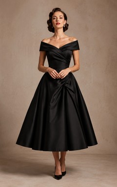 Black Off-the-Shoulder Satin Tea-Length Wedding Dress