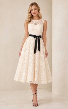 Ivory Lace Tea-Length Homecoming Dress with High Neck Cap Sleeves Black Ribbon Waistband and A-Line Skirt
