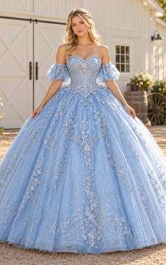 Robe de bal de quinceañera bleu ciel occidental à épaules dénudées et décolleté cœur brodée