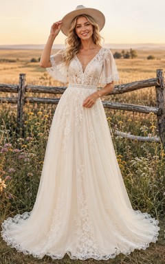 Country Lace Tulle Wedding Dress A-Line V-Neck Flutter Sleeve Sweep Train Low V Back Bridal Gown