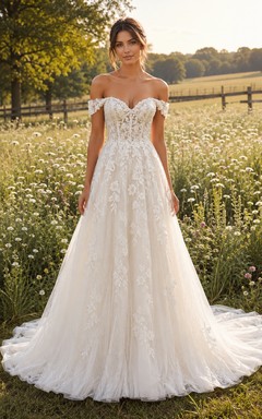 Off-the-Shoulder A-Line Lace Country Wedding Dress with Full Tulle Train