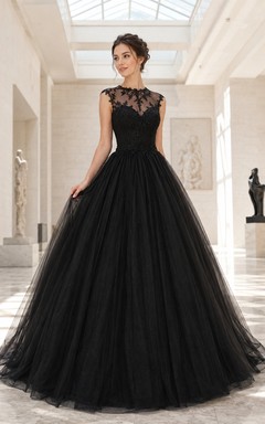 Black High Neck Illusion Tulle Ball Gown Wedding Dress