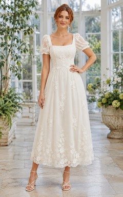 Bohemian Square Neck Puff Sleeve Floral Lace A-Line Tea-length Civil Bridal Dress