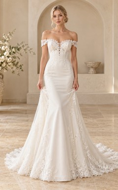 Mermaid Off Shoulder Sweetheart Scalloped Lace Train Bridal Wedding Dress