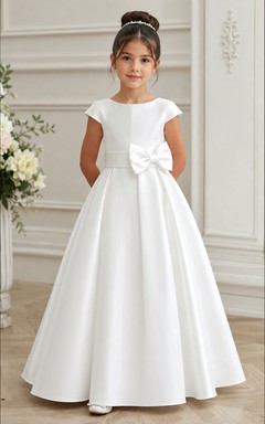 Princess Ball Gown Floor Length Cap Sleeve Satin Flower Girl Dress with White satin princess skirt with large waist bow