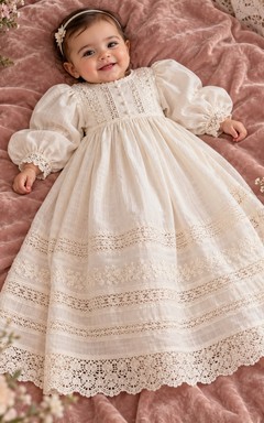 Long Sleeve Ivory Satin Lace Chest Panel Baby Baptism Gown