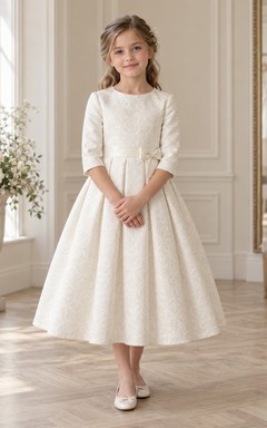 Tea-length Vintage Ivory A-line Floral Textured Three-quarter-sleeve Pleated Flower Girl Dress