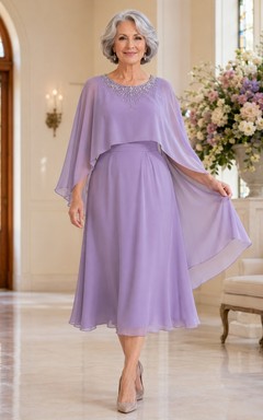 Lavendelfarbenes Chiffonkleid mit drapierten Ärmeln, Teelänge, A-Linie, romantisch und dezent – perfekt für die Mutter